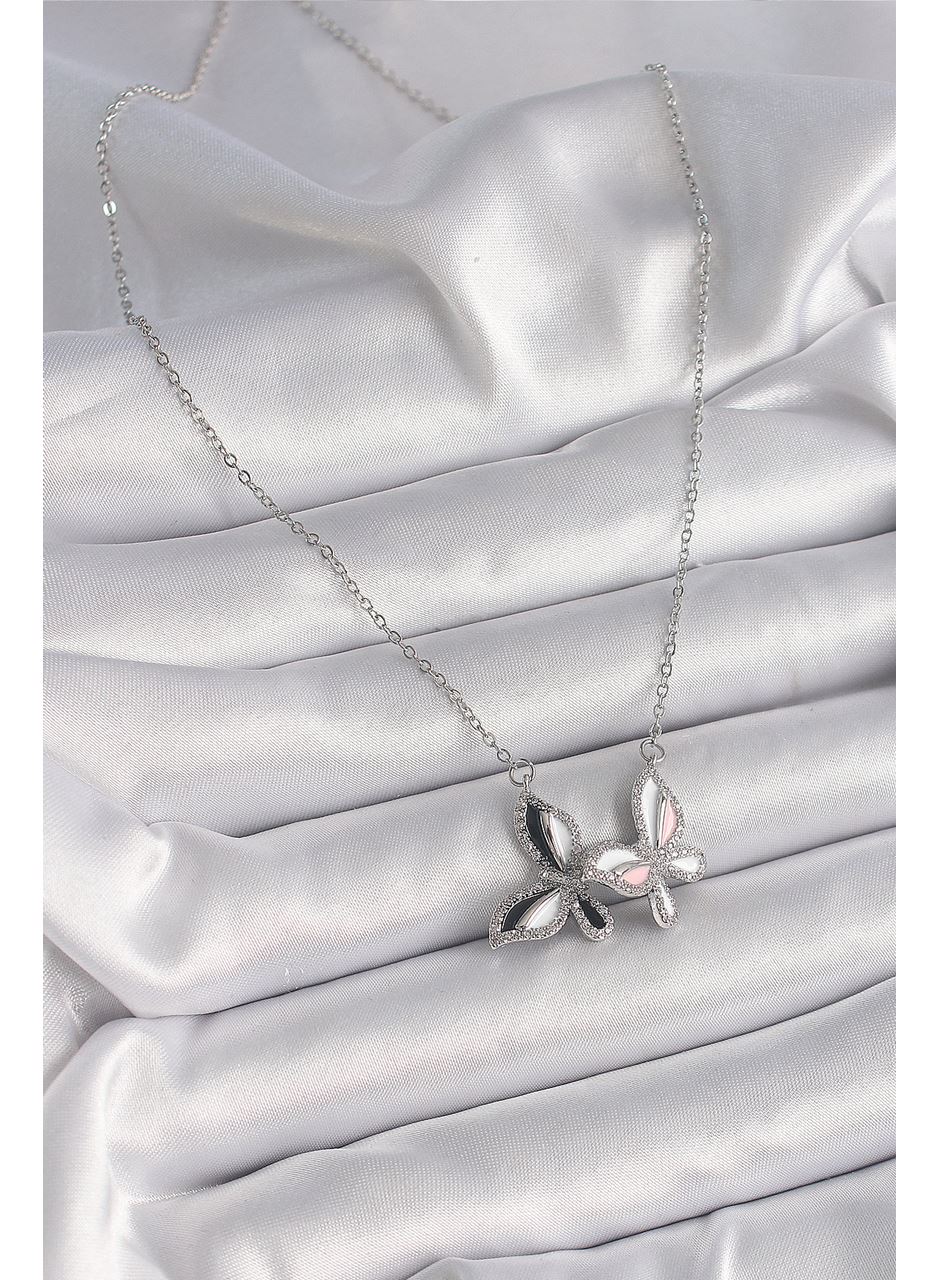 316L Çelik Gümüş Renk Zincir Zirkon Taşlı Renkli Kelebek Model Kadın Kolye