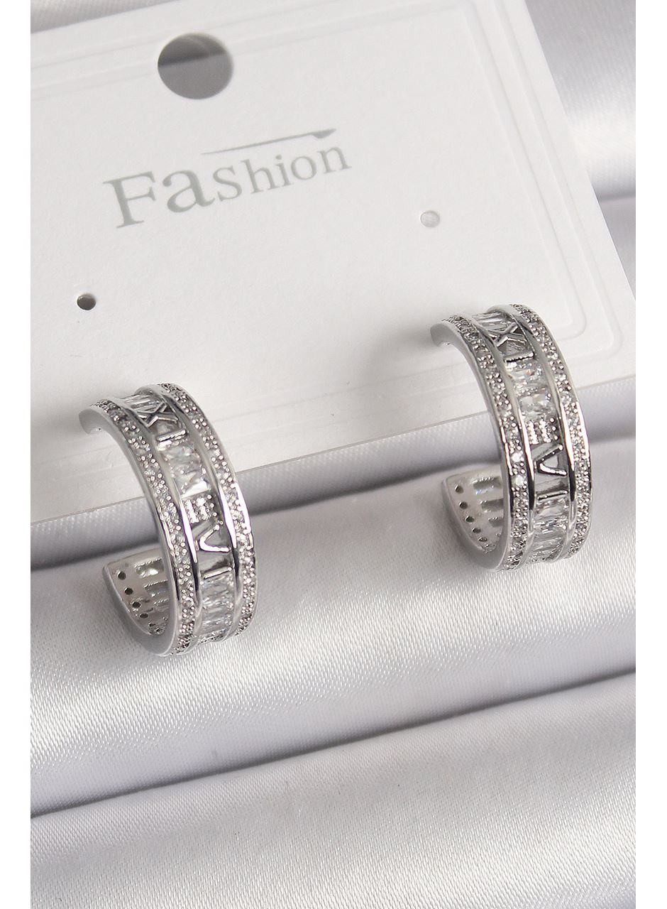 Pirinç Gümüş Renk Zirkon Taşlı İşleme Detay Halka Model Kadın Küpe