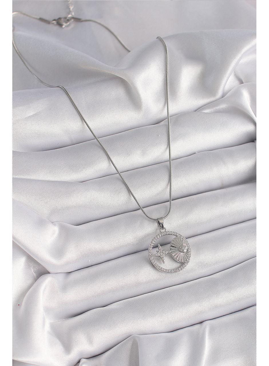 316L Çelik Gümüş Renk Zincir Zirkon Taşlı Yıldız Madalyon Model Kadın Kolye