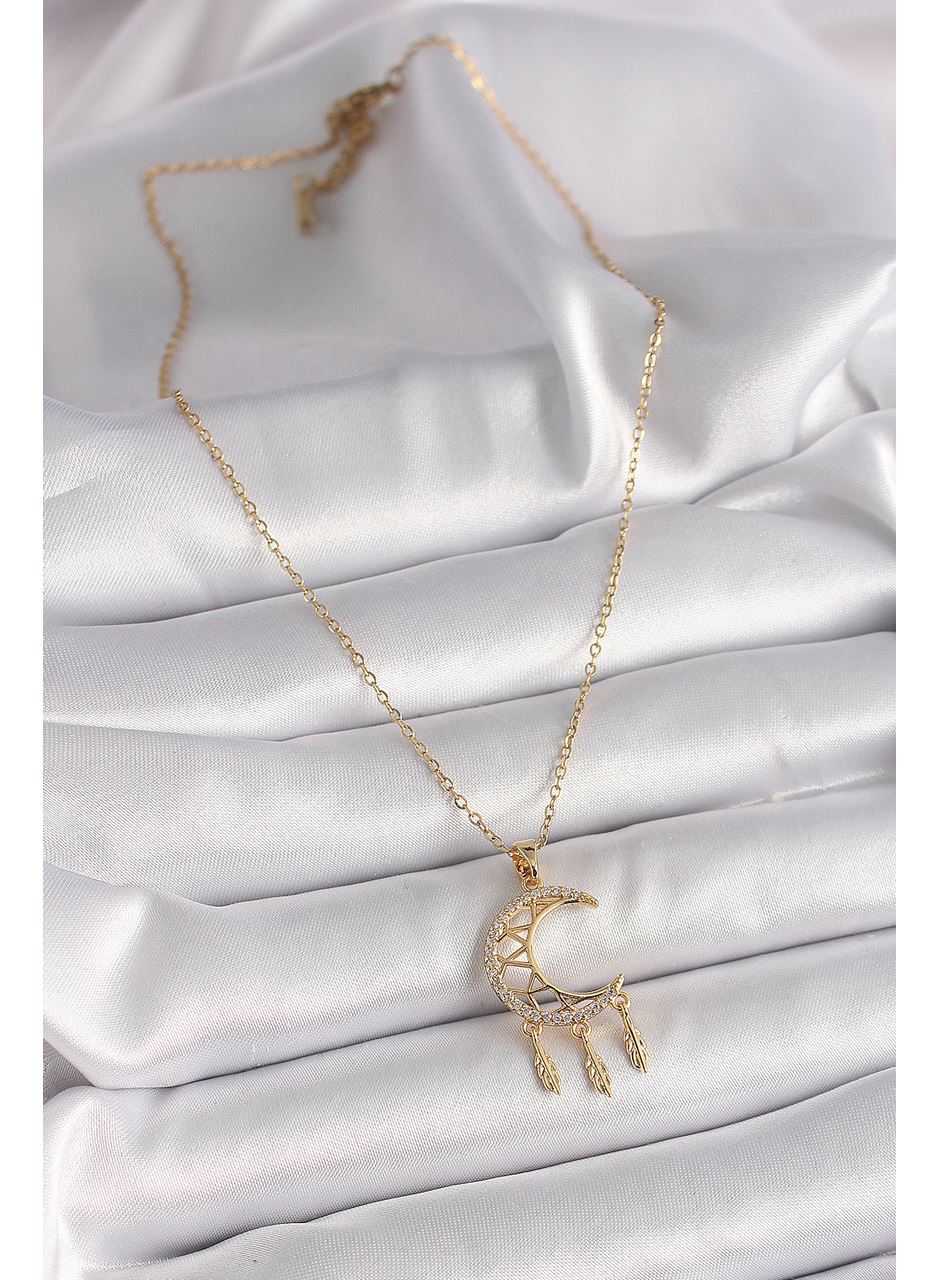 316L Çelik Gold Renk Zincir Zirkon Taşlı Hilal Model Sallantı Yaprak Detay Kadın Kolye