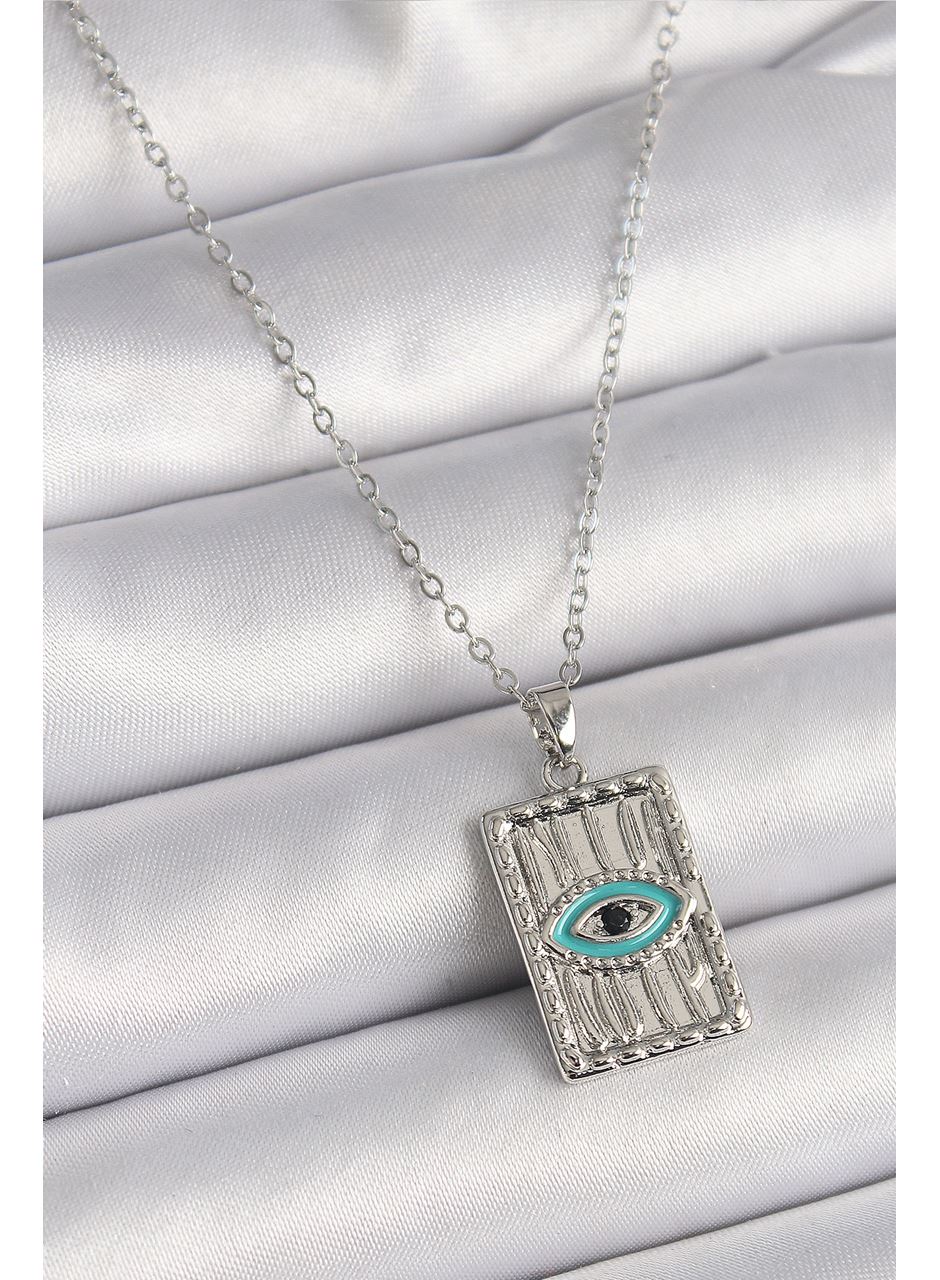 316L Çelik Gümüş Renk Zirkon Taşlı Göz İşleme Detaylı Plaka Model Kadın Kolye