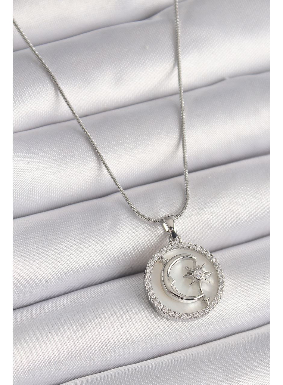 316L Çelik Gümüş Renk Zincir Zirkon Taş Detaylı Beyaz Sedefli Ay Yıldız İşleme Kadın Kolye