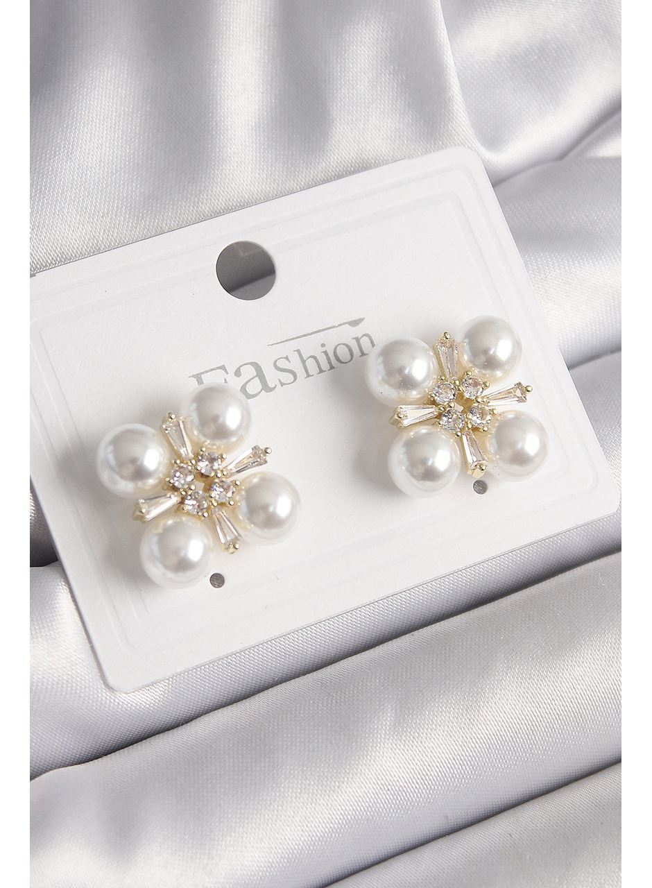 Pirinç Gold Renk Zirkon Taşlı İncili Kadın Küpe