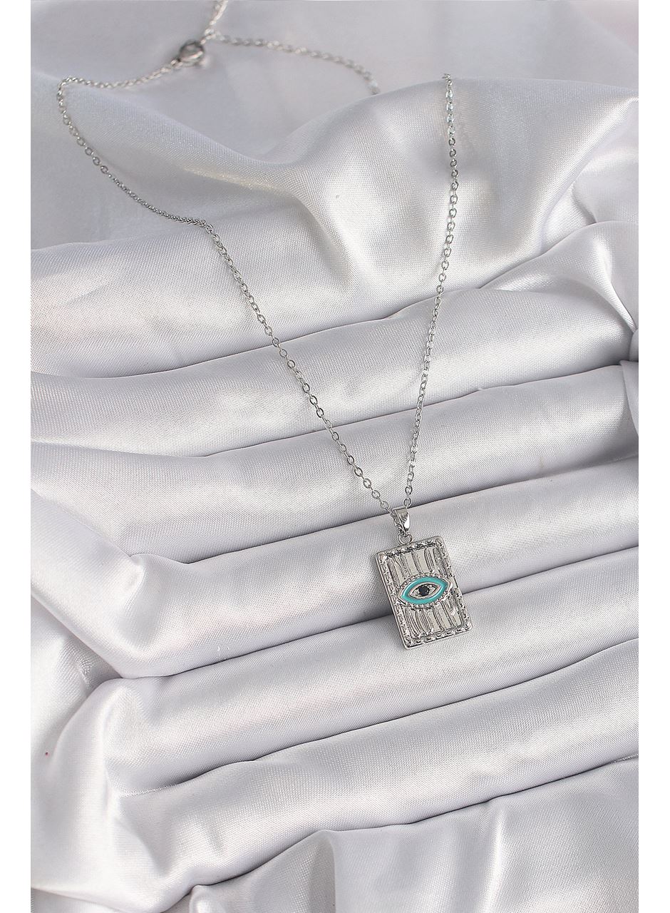 316L Çelik Gümüş Renk Zirkon Taşlı Göz İşleme Detaylı Plaka Model Kadın Kolye