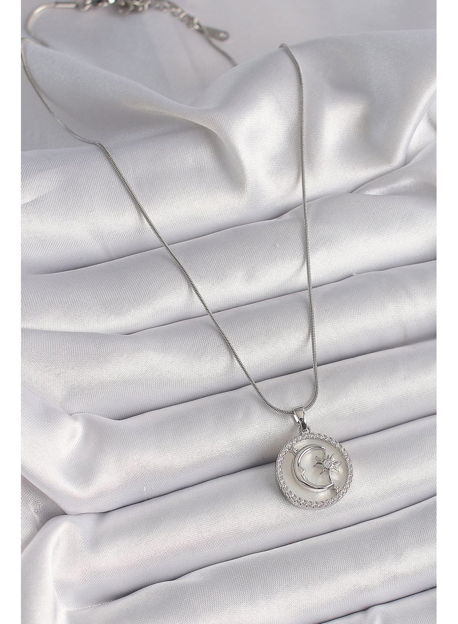 316L Çelik Gümüş Renk Zincir Zirkon Taş Detaylı Beyaz Sedefli Ay Yıldız İşleme Kadın Kolye