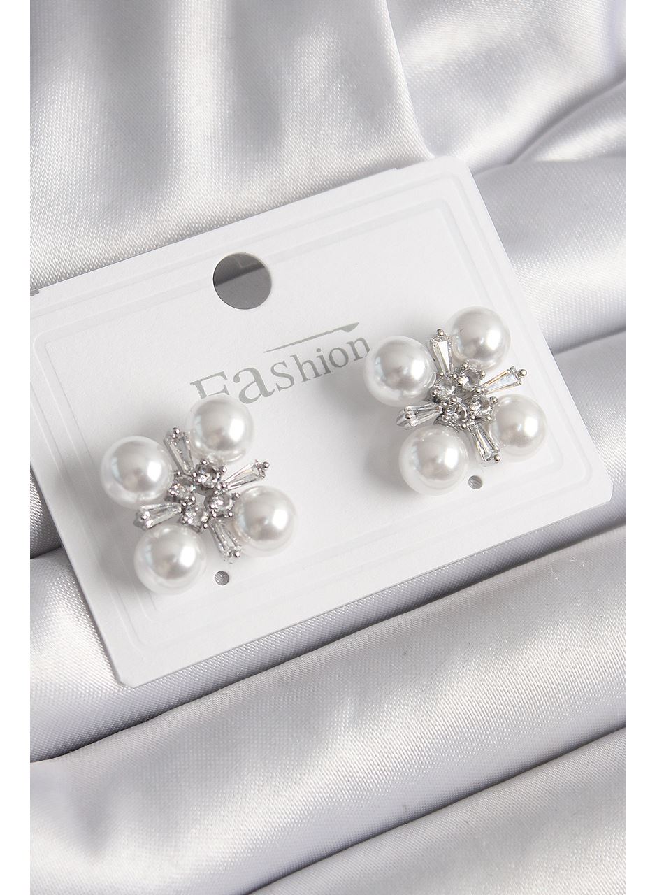 Pirinç Gümüş Renk Zirkon Taşlı İncili Kadın Küpe