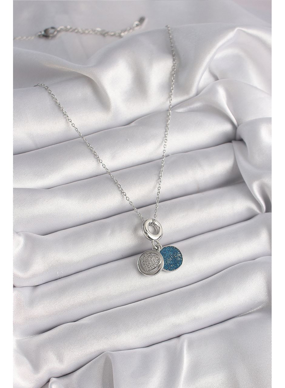 316L Çelik Gümüş Renk Zincir Zirkon Taşlı İşleme Mavi Simli Kadın Kolye