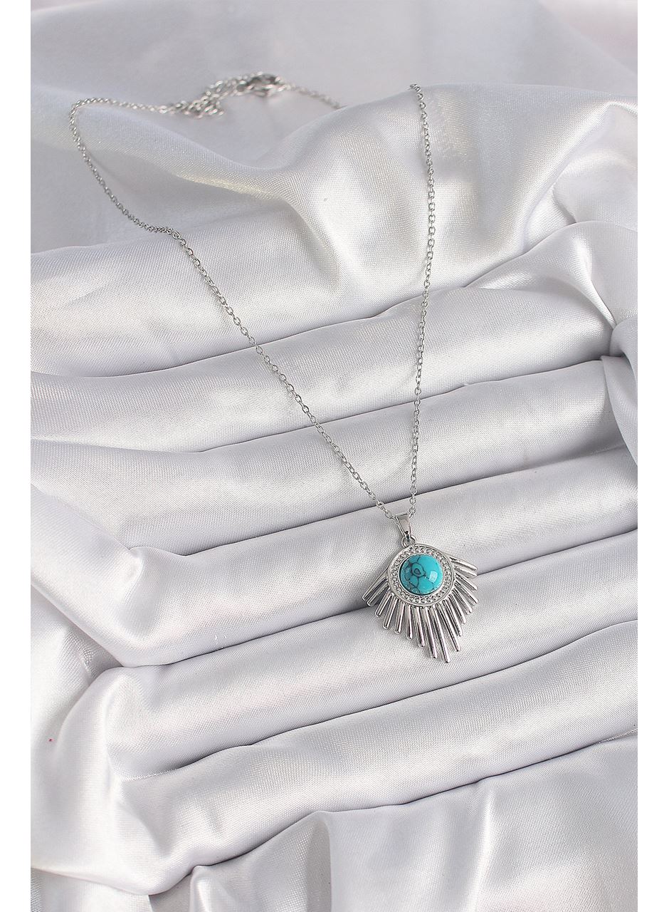 316L Çelik Gümüş Renk Zincir Mavi Boncuklu Zirkon Taşlı Kadın Kolye