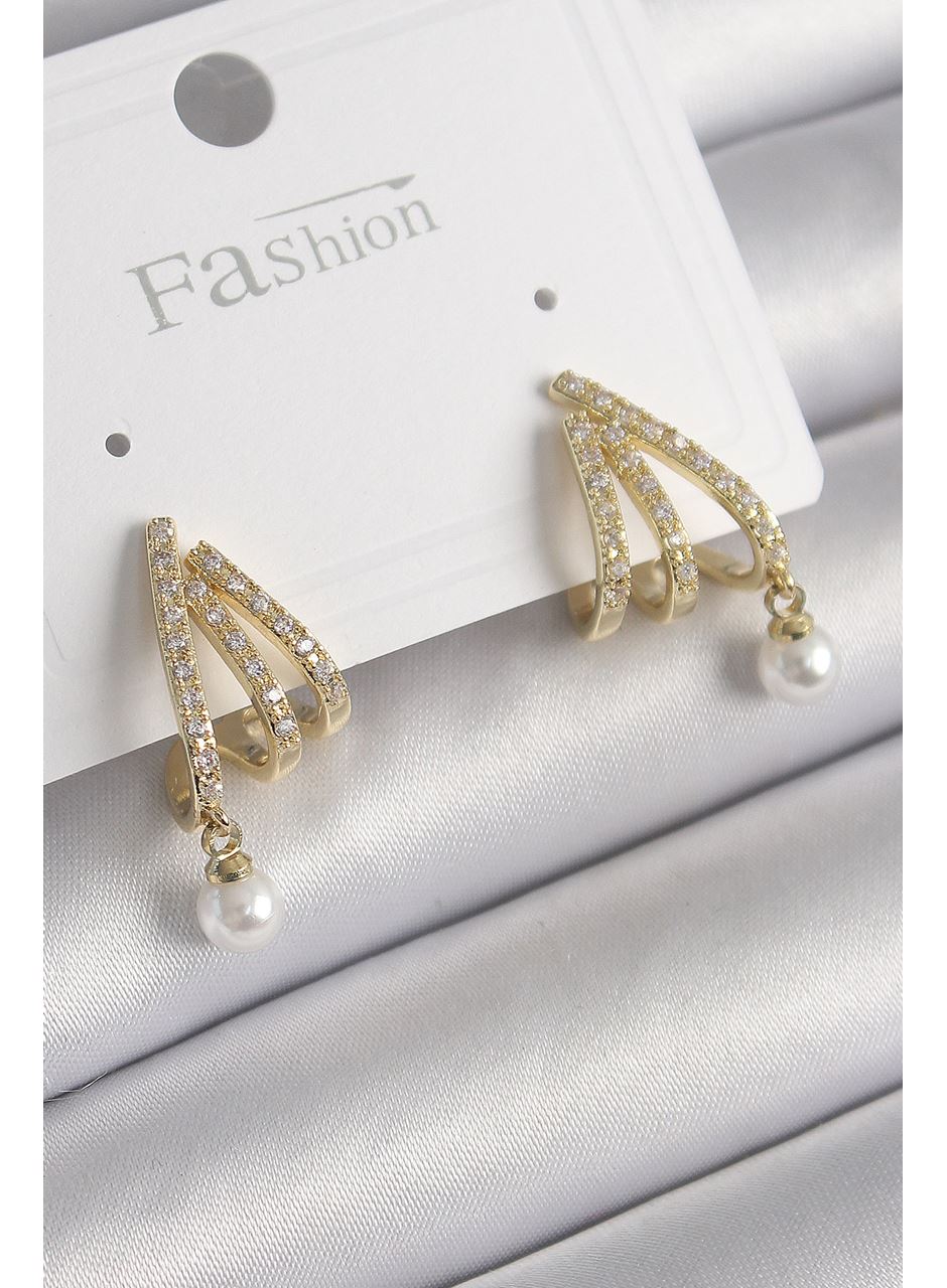 Pirinç Gold Renk Zirkon Taşlı Pençe Model İnci Detay Kadın Küpe