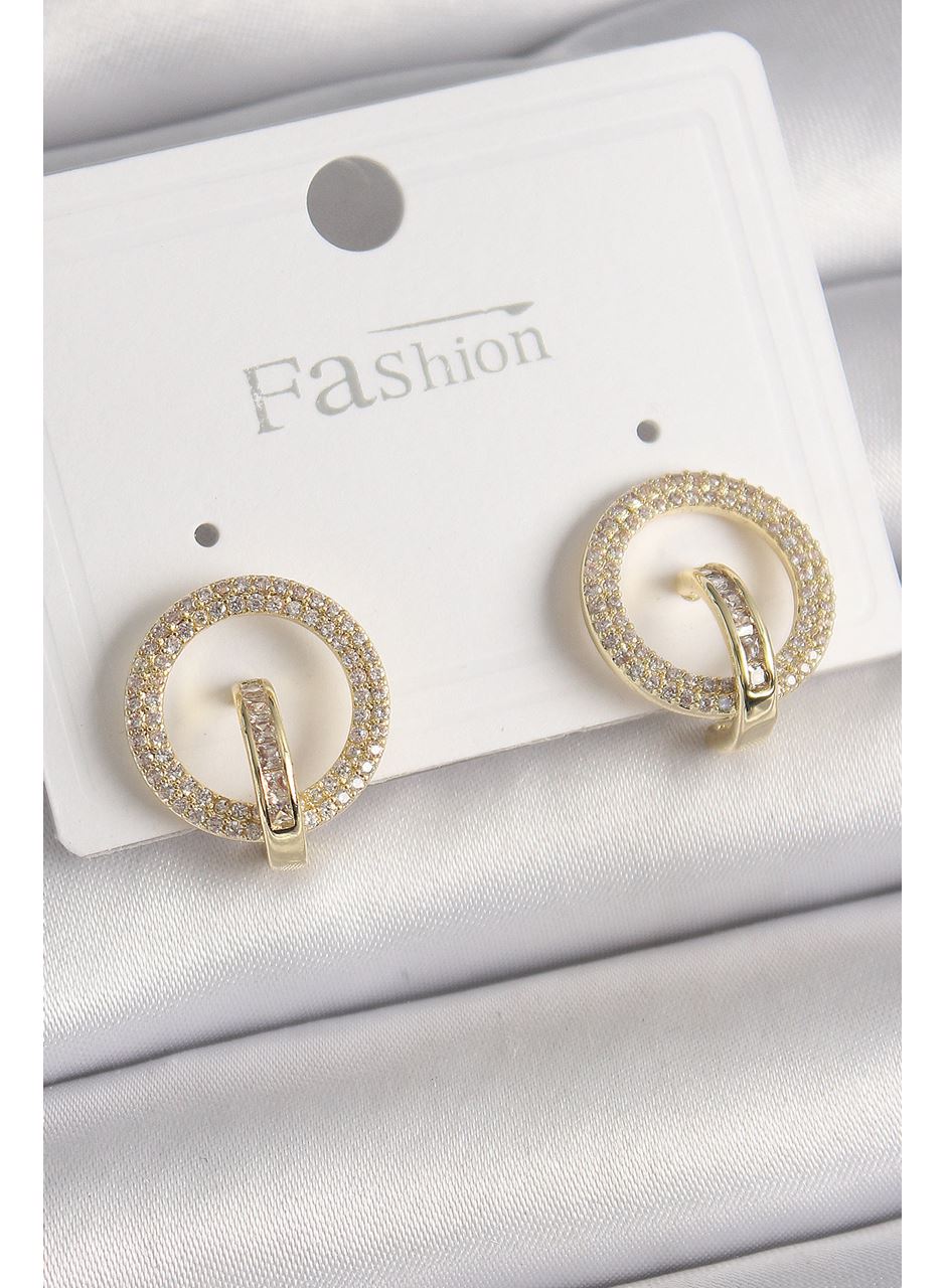 Pirinç Gold Renk Zirkon Taşlı Halka Model Kadın Küpe