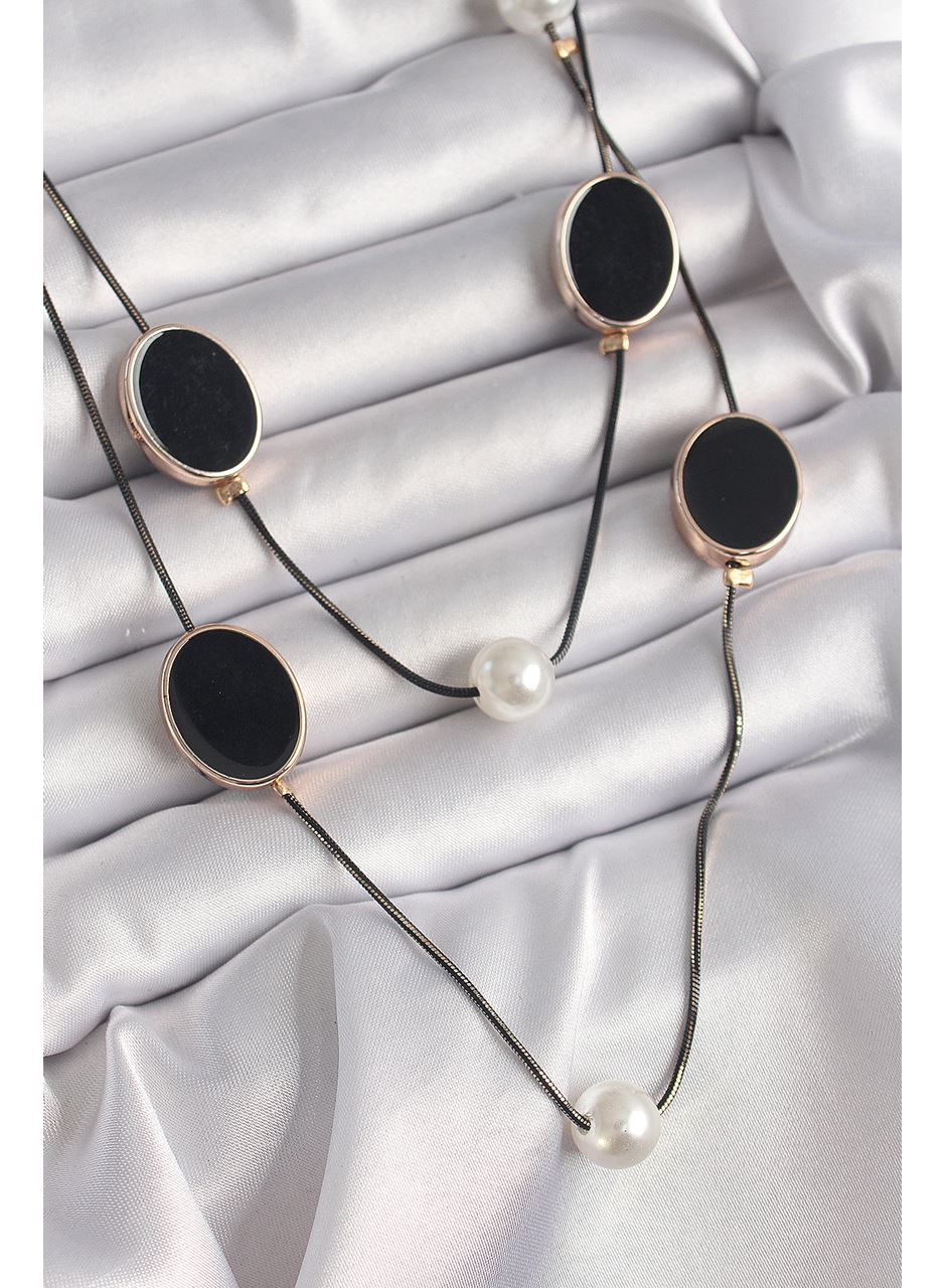 Pirinç Siyah Renk Zincir İnci Detaylı Çoklu Kadın Kolye