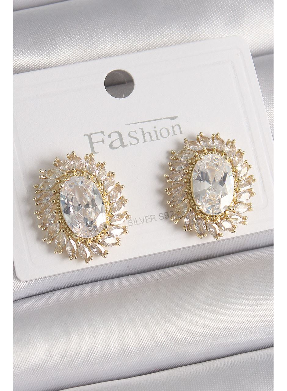 Pirinç Gold Renk Zirkon Taşlı Kadın Küpe