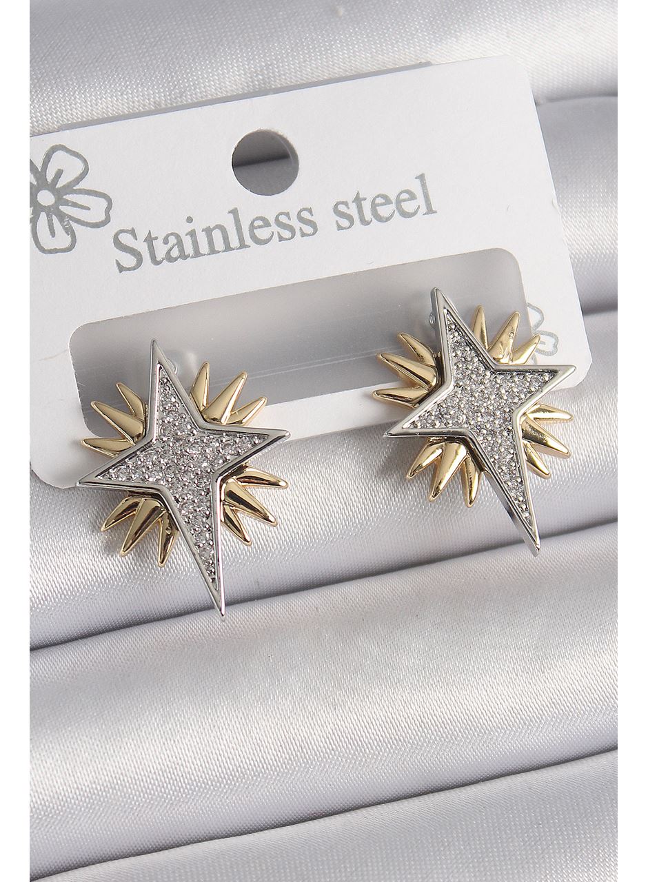 Pirinç Gold Gümüş Renk Zirkon Taşlı Kutup Yılıdız Model Kadın Küpe