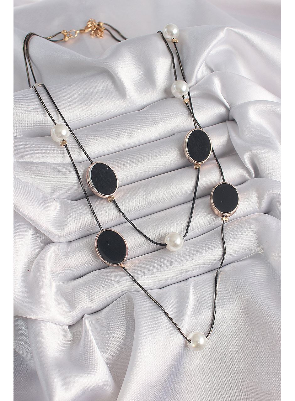 Pirinç Siyah Renk Zincir İnci Detaylı Çoklu Kadın Kolye