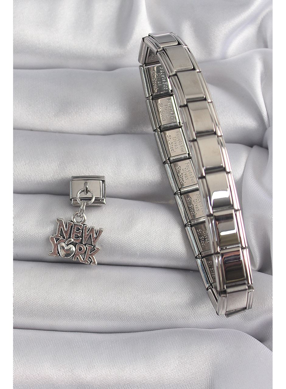 316L Çelik Gümüş Renk Sallantı New York Yazı Model Nomination Charm