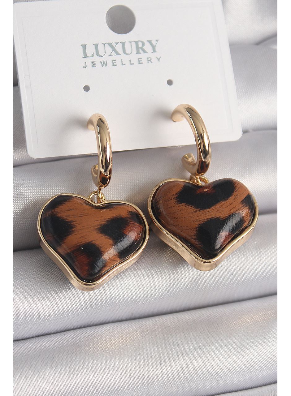 Pirinç Gold Renk 3D Kalp Leopar Desen Model Kadın Küpe