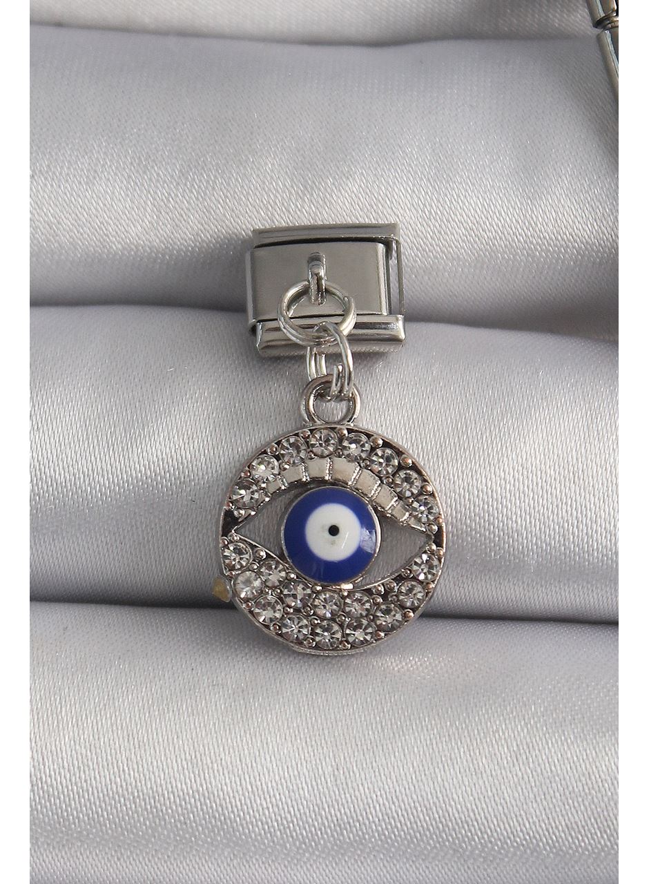 316L Çelik Gümüş Renk Sallantı Zirkon Taşlı Göz Model Nazar Boncuk Detay Nomination Charm