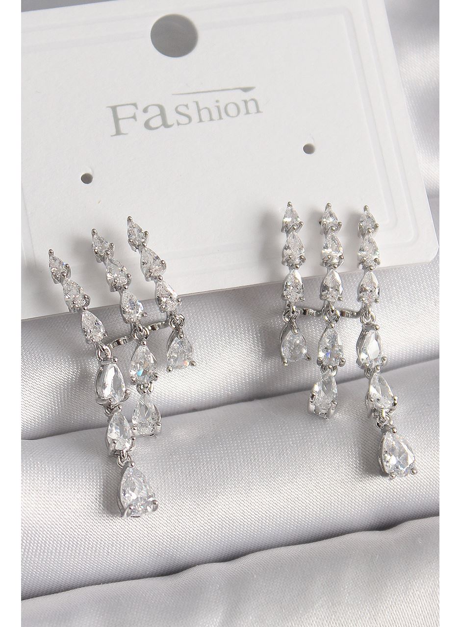 Pirinç Gümüş Renk Zirkon Taşlı Yağmur Model Kadın Küpe