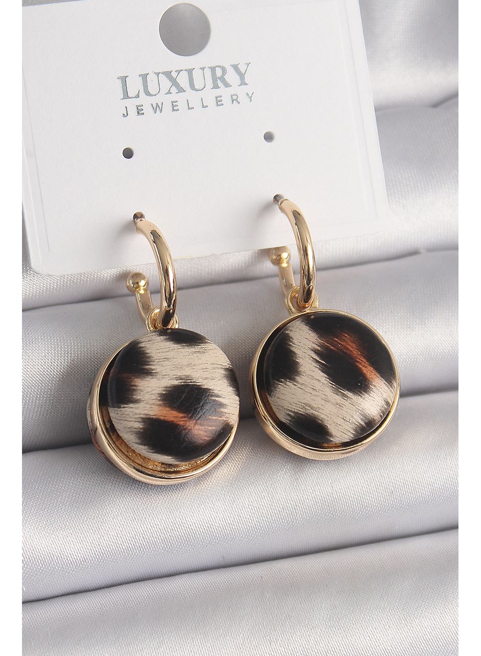 Pirinç Gold Renk Leopar Desenli Daire Model Kadın Küpe