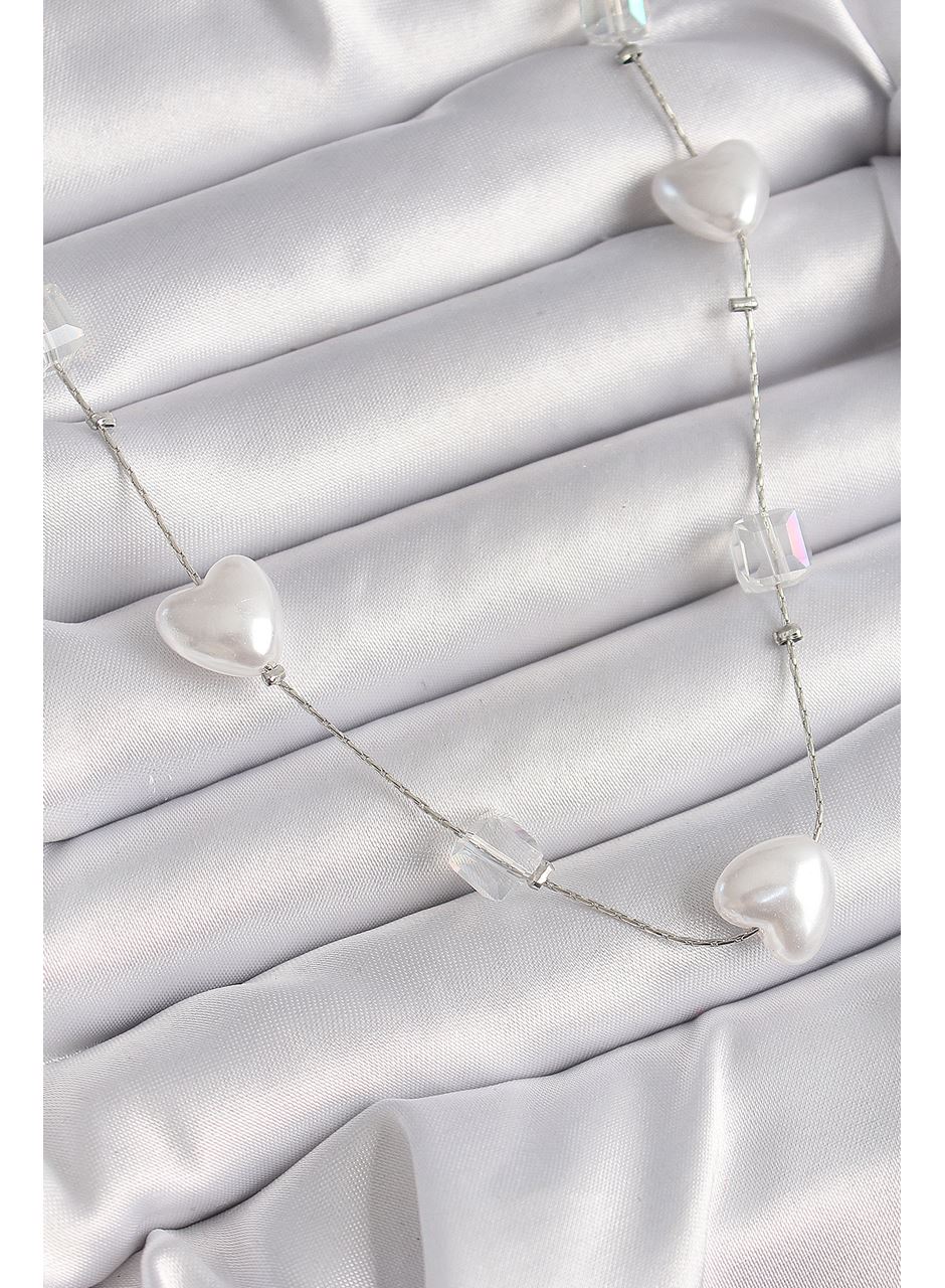 Pirinç Gümüş Renk Beyaz İnci Kalp Model Kadın Kolye