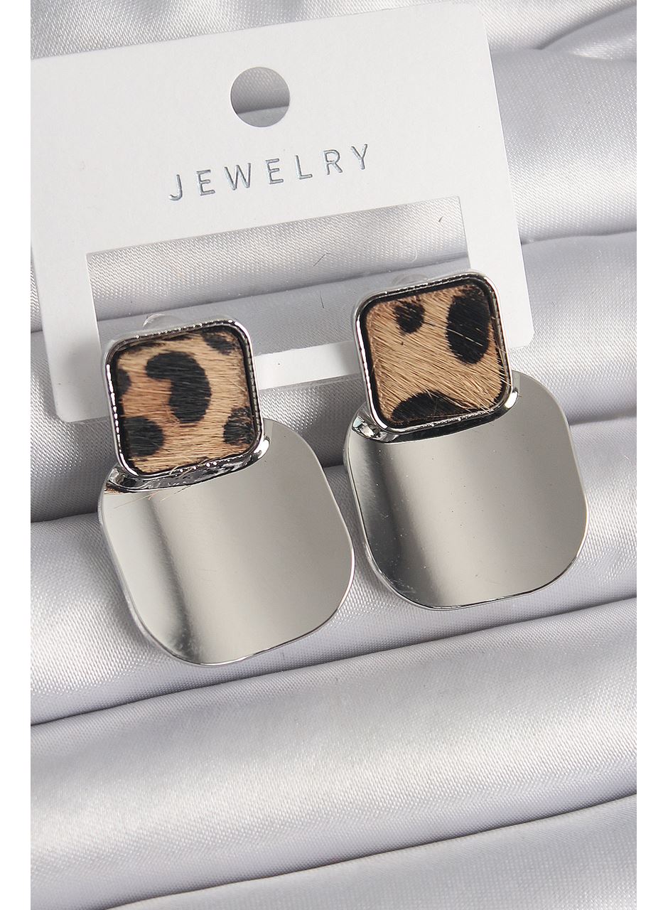 Pirinç Gümüş Renk Kare Plaka Leopar Desenli Kadın Küpe