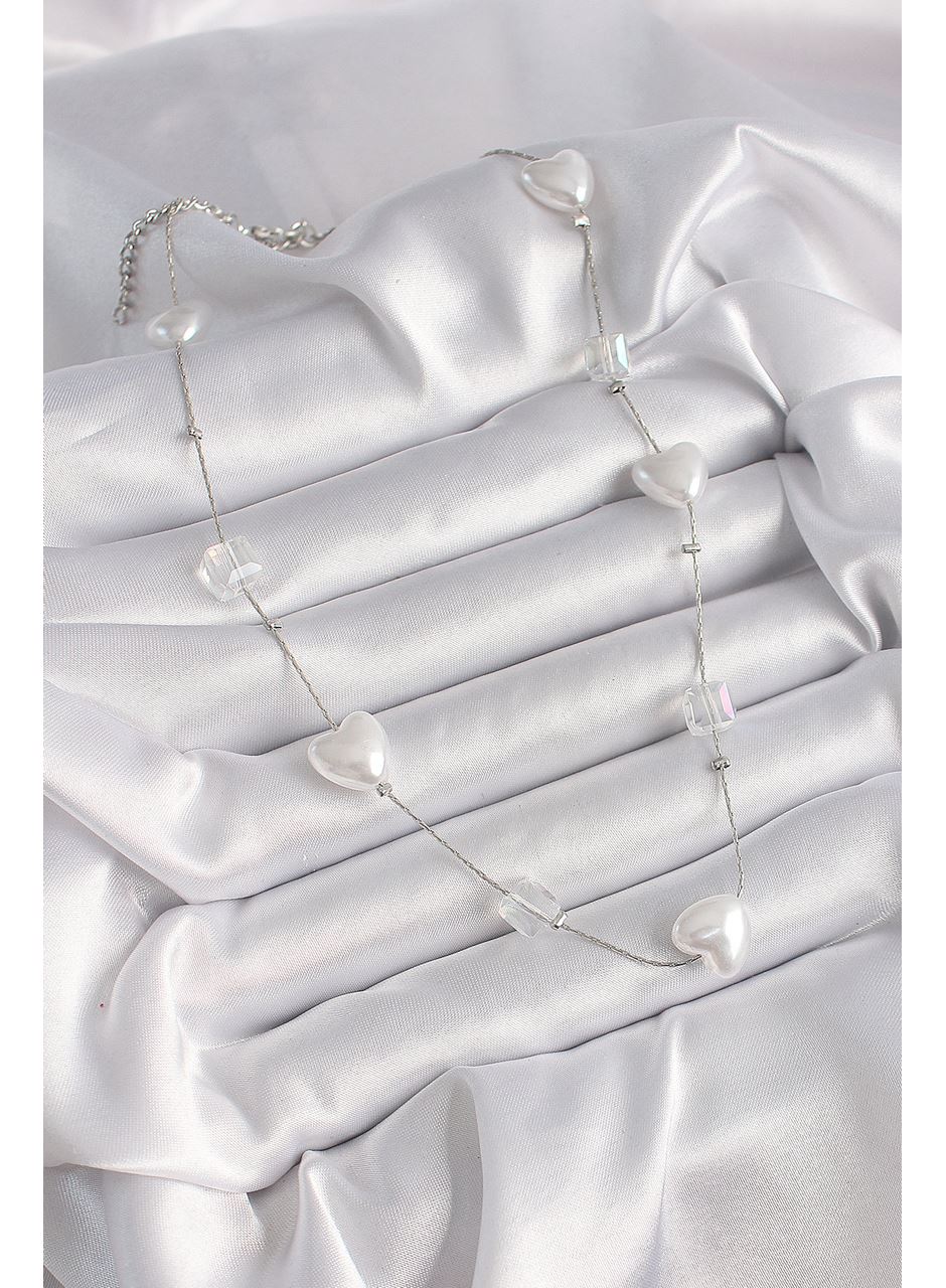 Pirinç Gümüş Renk Beyaz İnci Kalp Model Kadın Kolye