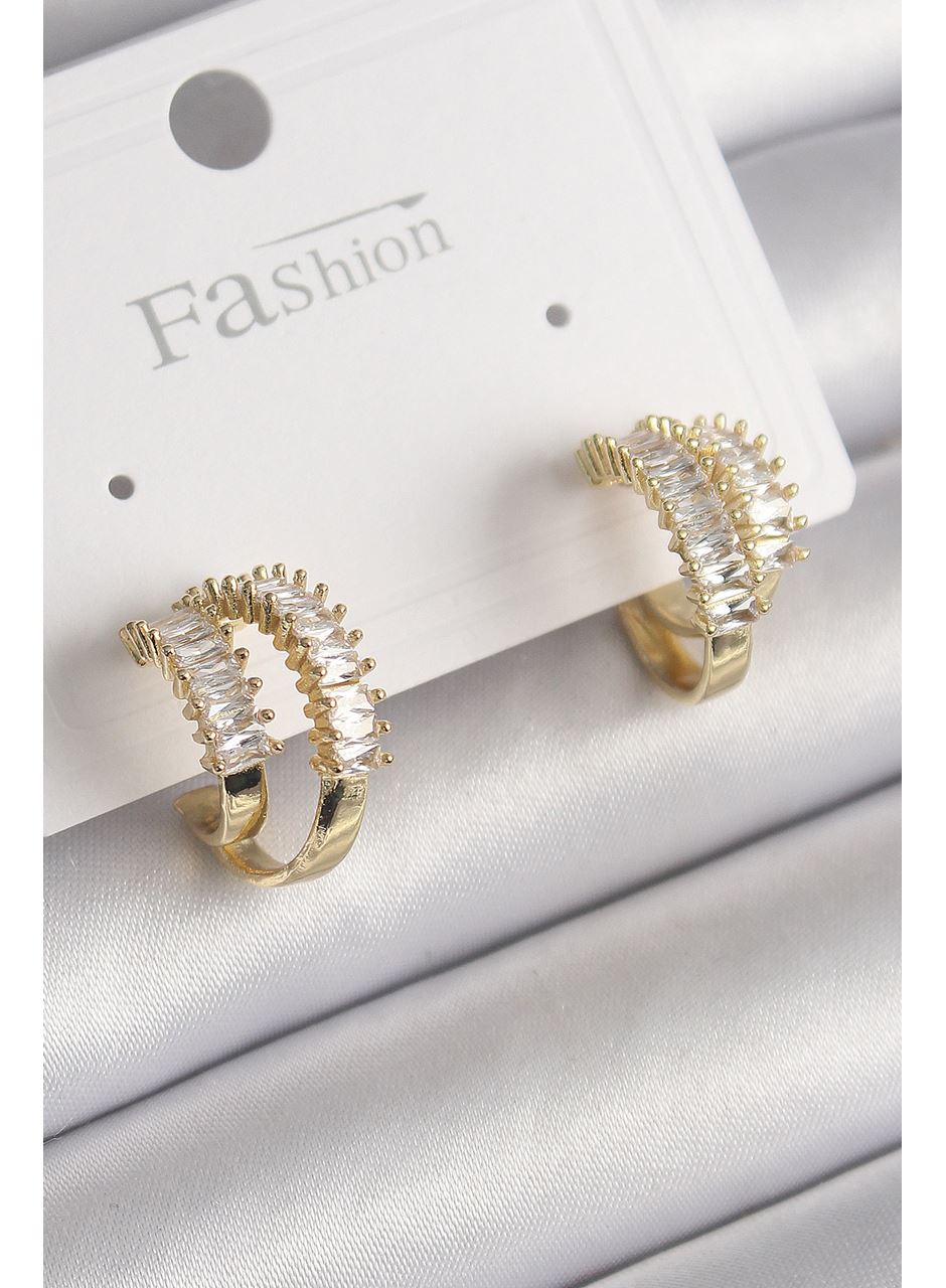 Pirinç Gold Renk 2'Li Zirkon Taşlı Halka Model Kadın Küpe