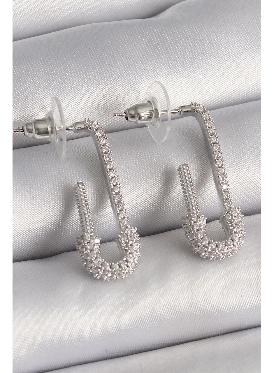 Pirinç Gümüş Renk Zirkon Taşlı Çengelli İğne Model Kadın Küpe