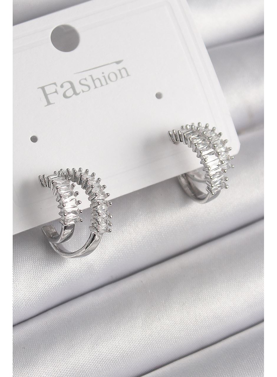 Pirinç Gümüş Renk 2'Li Zirkon Taşlı Halka Model Kadın Küpe