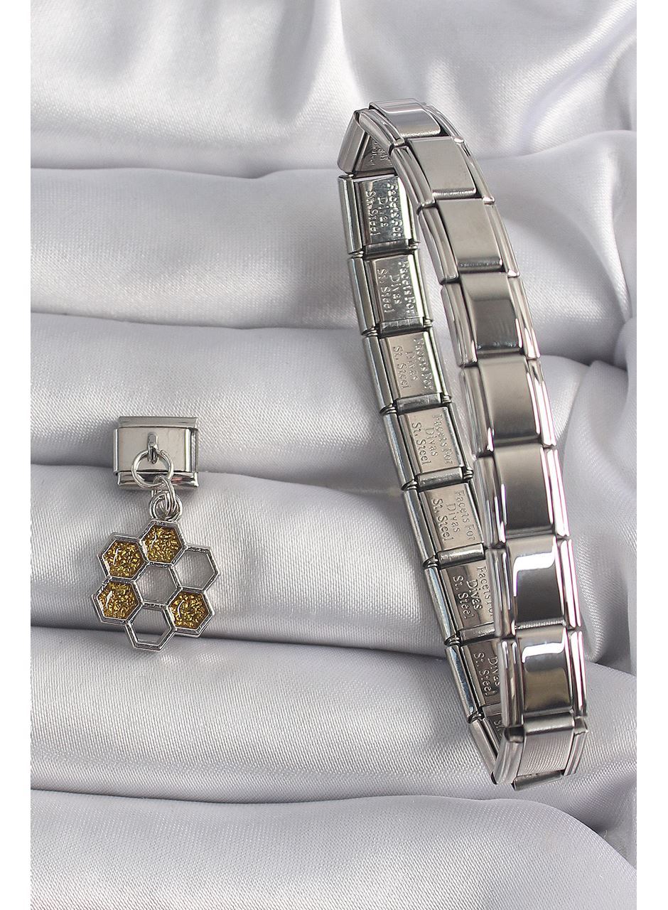 316L Çelik Gümüş Renk Sallantı Simli Bal Beteği Model Nomination Charm