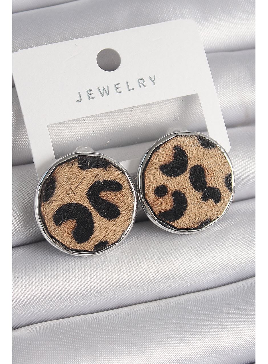 Pirinç Gümüş Renk Daire Plaka Model Leopar Desenli Kadın Küpe