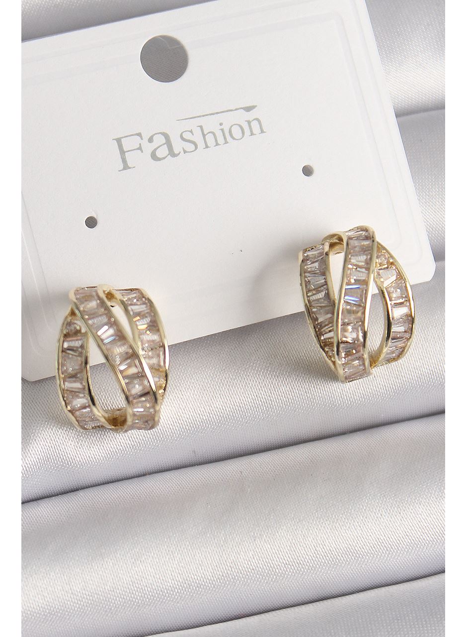 Pirinç Gold Renk Zirkon Taşlı Düğüm Halka Model Kadın Küpe