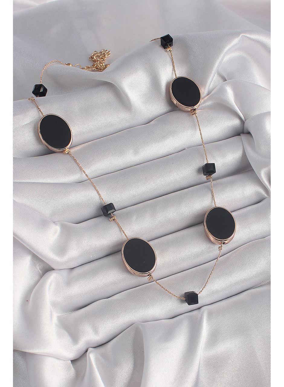 Pirinç Gold Renk Siyah Renk Oval Siyah Küp Detay Kadın Kolye