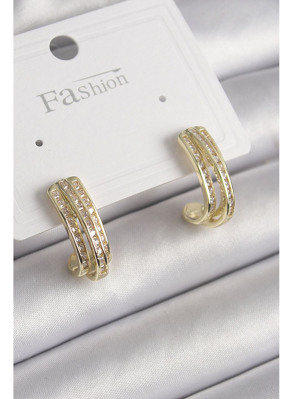 Pirinç Gold Renk Zirkon Taşlı Yarım Halka Model Kadın Küpe