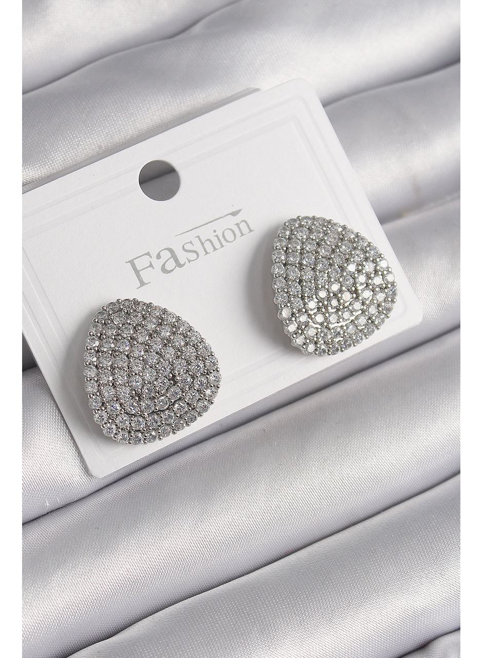 Pirinç Gümüş Renk Zirkon Taşlı Plaka Model Kadın Küpe