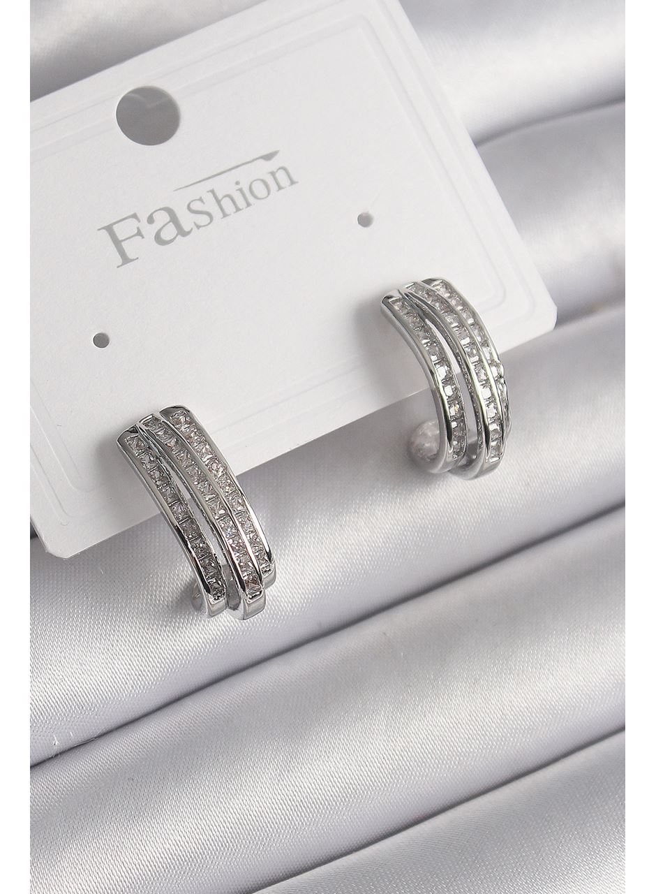 Pirinç Gümüş Renk Zirkon Taşlı Yarım Halka Model Kadın Küpe