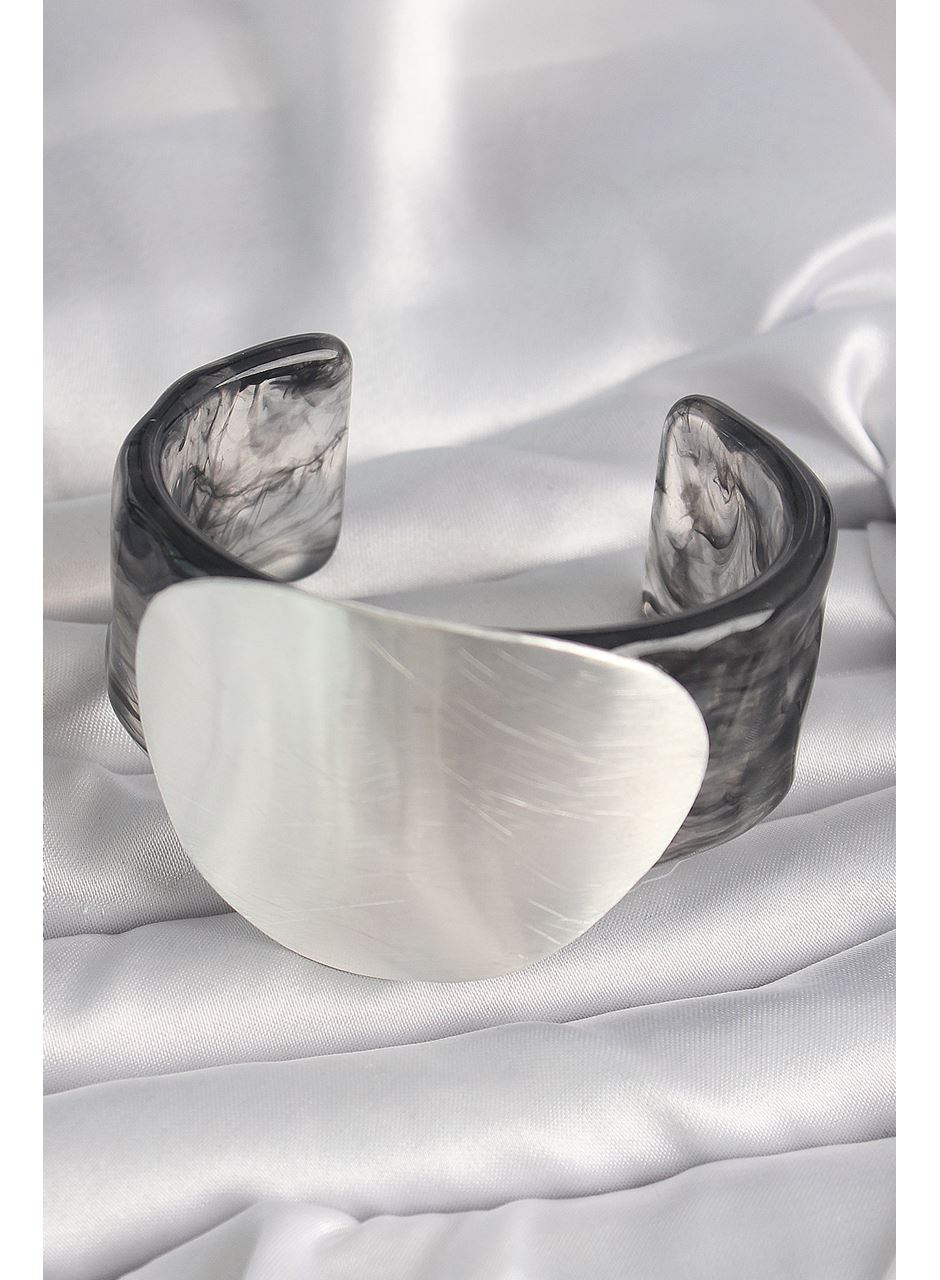 Siyah Mermer Desen Akrilik Pilastik Gümüş Plaka Model Vintage Kadın Bilezik