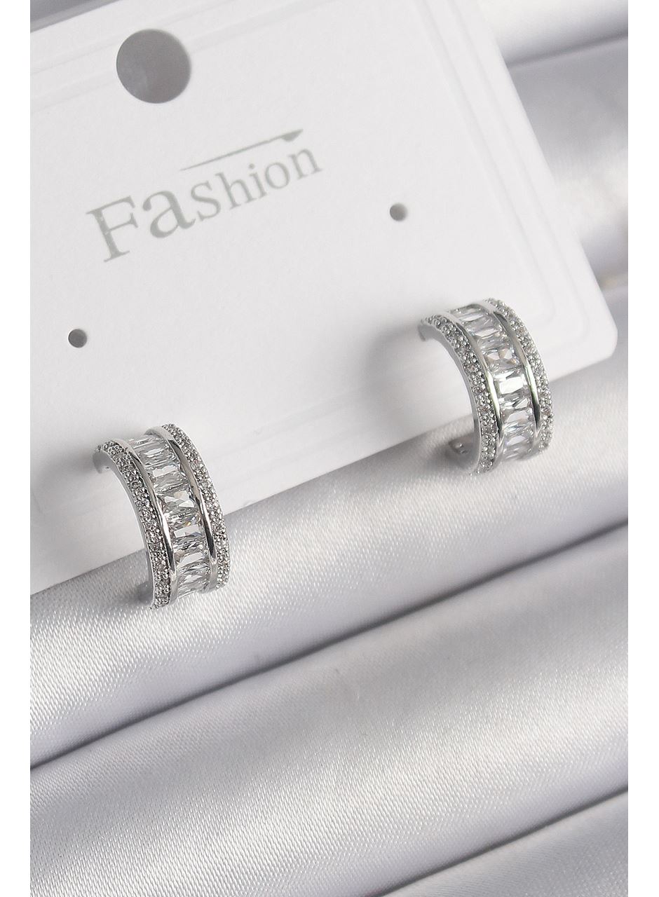 Pirinç Gümüş Renk Zirkon Taşlı Halka Model Kadın Küpe