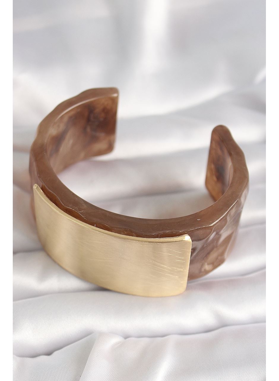 Kahverengi Mermer Desen Akrilik Platik Gold Dikdörtgen Plaka Model Vintage Kadın Bilezik