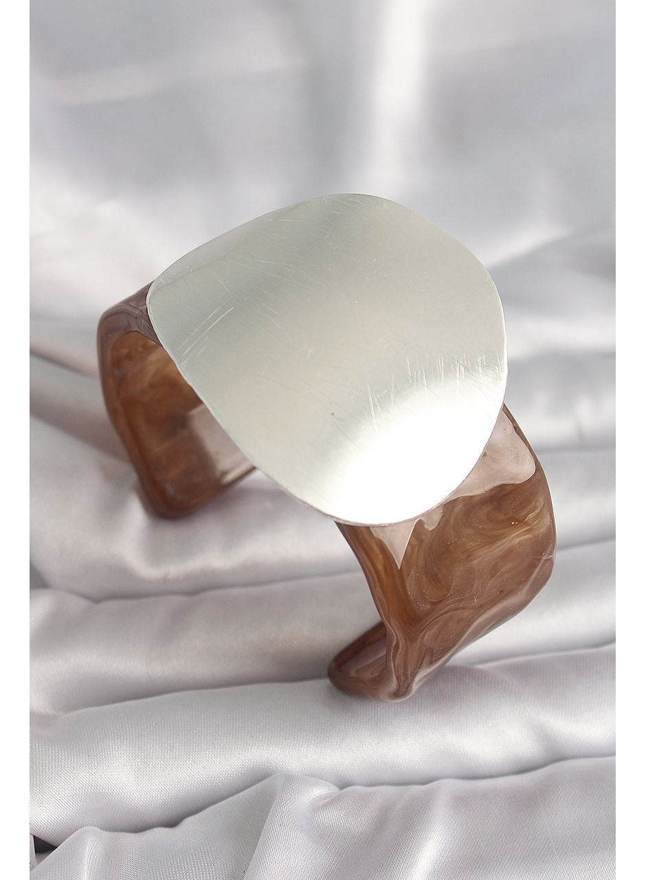 Kahverengi Mermer Desen Akrilik Plastik Gümüş Plaka Model Vintage Kadın Bilezik