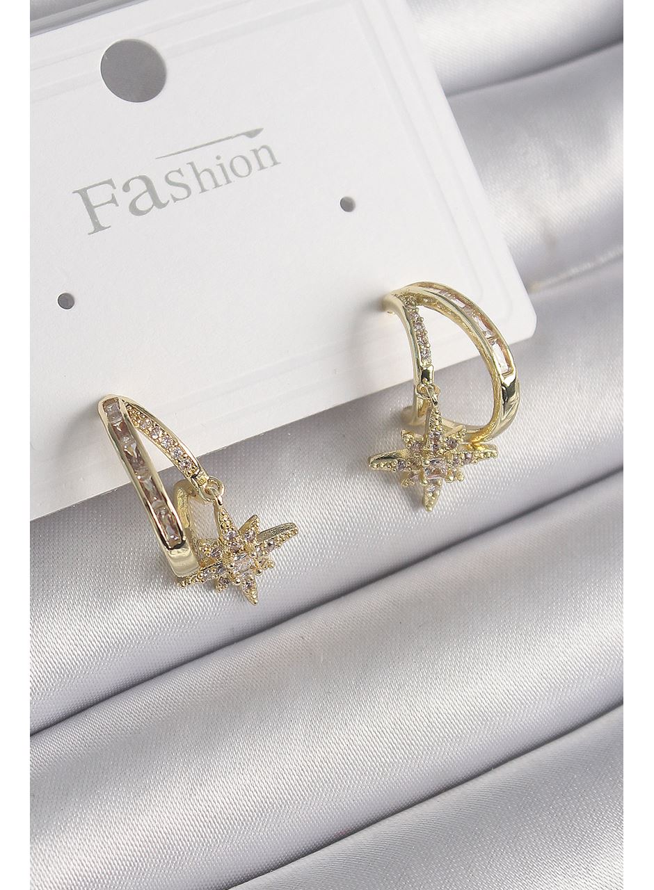 Pirinç Gold Renk Zirkon Taşlı Halka Model Yıldız Detay Kadın Küpe