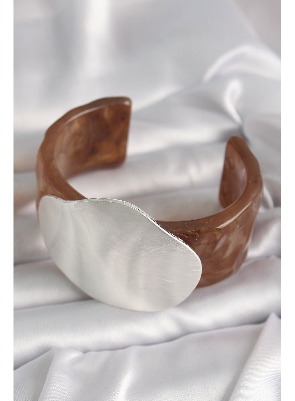 Kahverengi Mermer Desen Akrilik Plastik Gümüş Plaka Model Vintage Kadın Bilezik