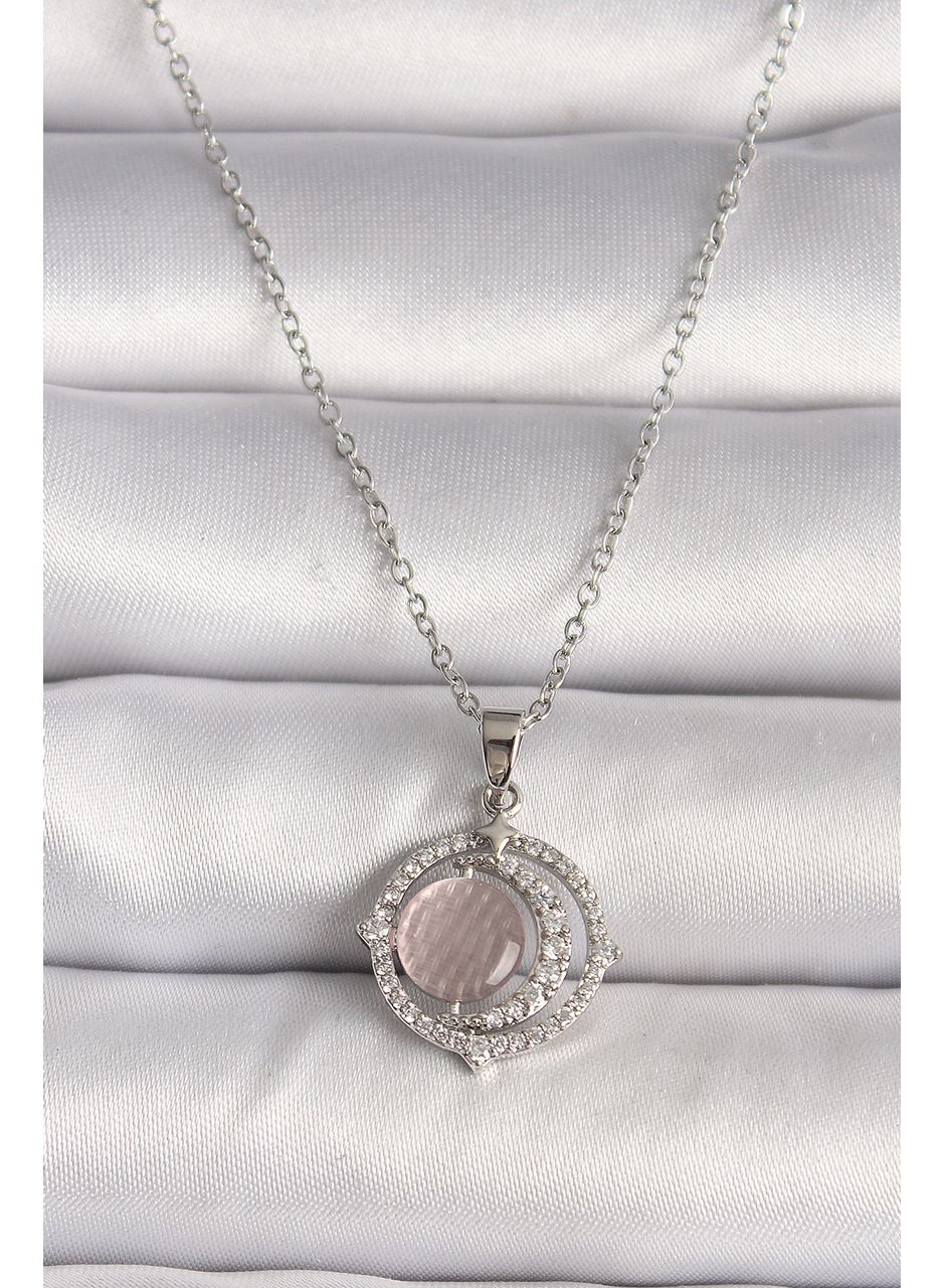 316L Çelik Gümüş Renk Zirkon Taşlı Pembe Sedefli Hilal Model Kadın Kolye