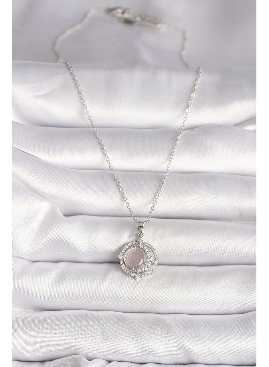 316L Çelik Gümüş Renk Zirkon Taşlı Pembe Sedefli Hilal Model Kadın Kolye