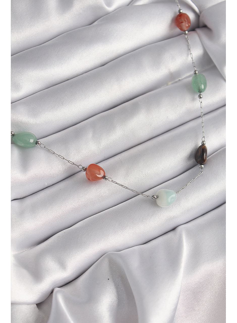 316L Çelik Gümüş Renk Zincir Renkli Doğaltaş Model Kadın Kolye