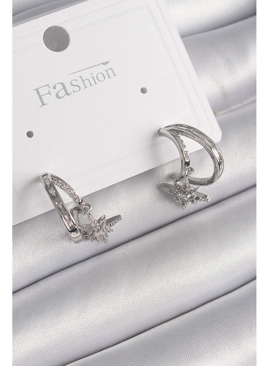 Pirinç Gümüş Renk Zirkon Taşlı Halka Model Sallantı Yıldız Detay Kadın Küpe