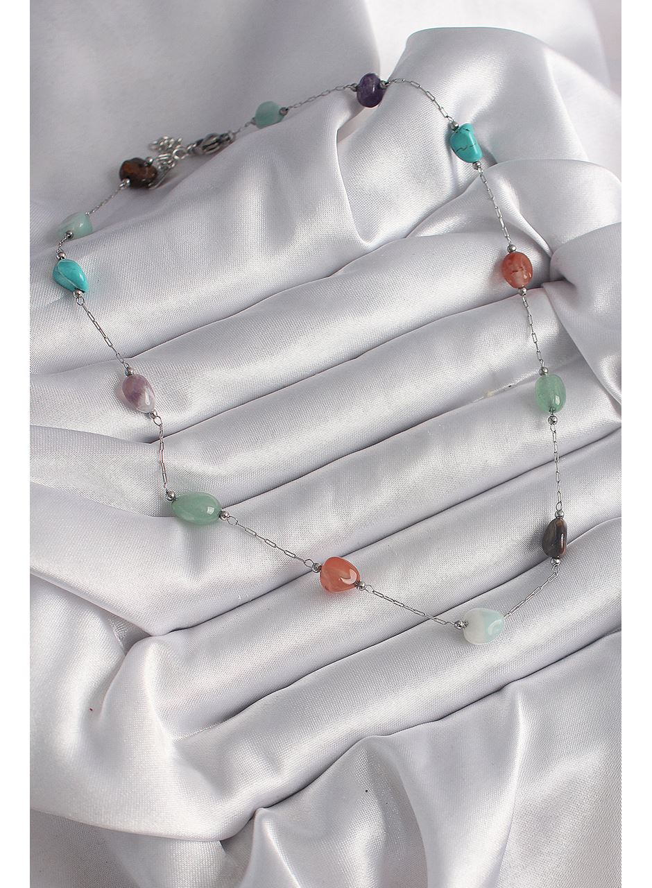 316L Çelik Gümüş Renk Zincir Renkli Doğaltaş Model Kadın Kolye