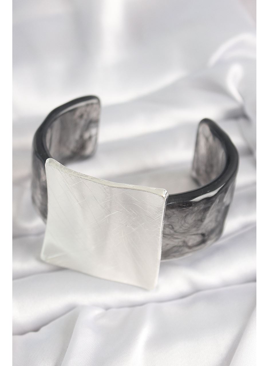 Siyah Mermer Desen Akrilik Plastik Gümüş Kare Plaka Model Vintage Kadın Bilezik