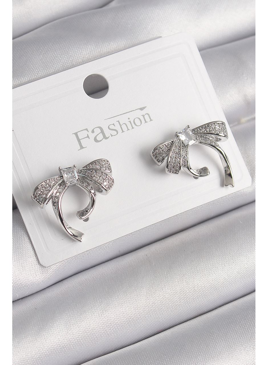 Pirinç Gümüş Renk Zirkon Taşlı Fiyonk Model Kadın Küpe