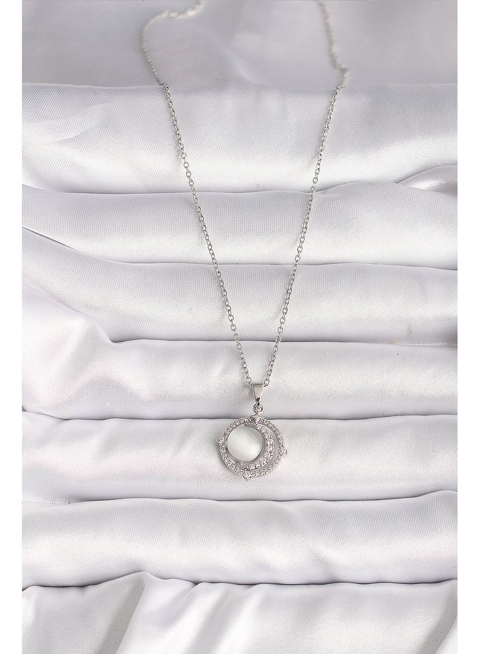 316L Çelik Gümüş Renk Zirkon Taşlı Beyaz Sedefli Hilal Model Kadın Kolye